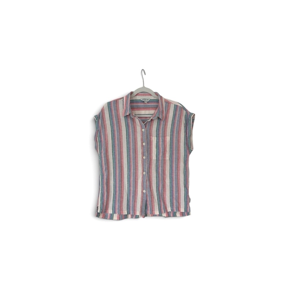 Orvis Women‎ Linen Rayon Striped Button Front Shirt Sleeveless Multi Color Small
